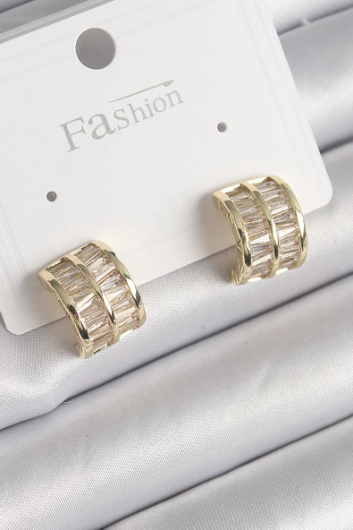 Pirinç Gold Renk Çift Sıra Zirkon Taşlı Kadın Küpe - TJ-BKP9756 ürün görseli