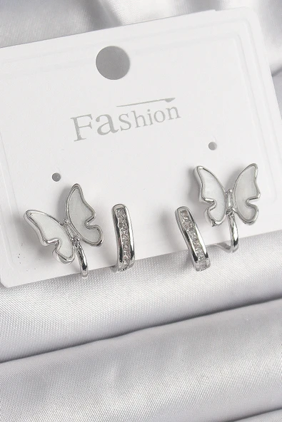 Pirinç Gümüş Renk Zirkon Taş Detaylı Beyaz Sedefli Kelebek Model Kadın Küpe - TJ-BKP9869 ürün görseli