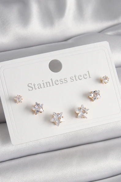 316L Çelik Gold Renk Zirkon Taşlı Yıldız Model Kadın Küpe Seti - TJ-BKP9882 ürün görseli 1