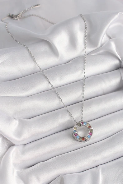 316L Çelik Gümüş Renk Zincir Renkli Zirkon Taşlı Xoxo Model Kadın Kolye - TJ-BKO9629 - Resim 2