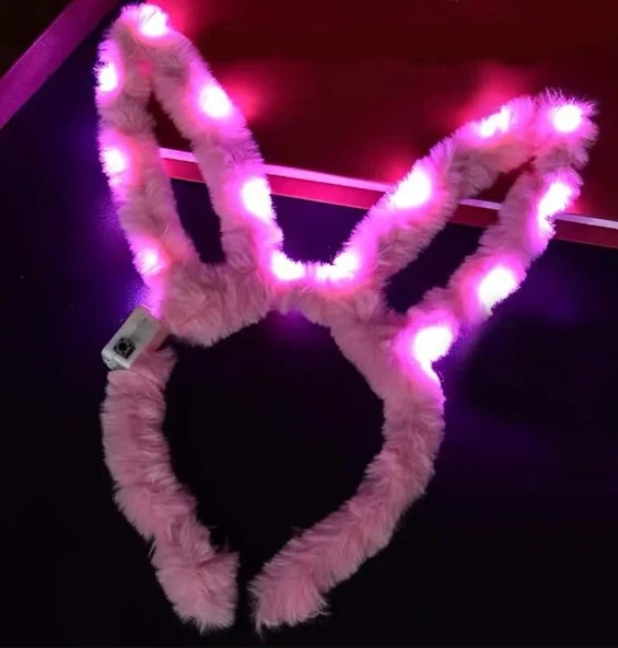 Led Işıklı Peluş Pofuduk Tavşan Kulak Tavşan Taç Pembe 17X23 cm - 2