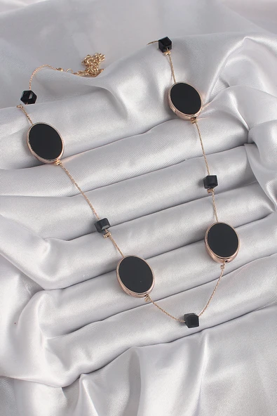 Pirinç Gold Renk Siyah Renk Oval Siyah Küp Detay Kadın Kolye - TJ-BKO9625 - Resim 2