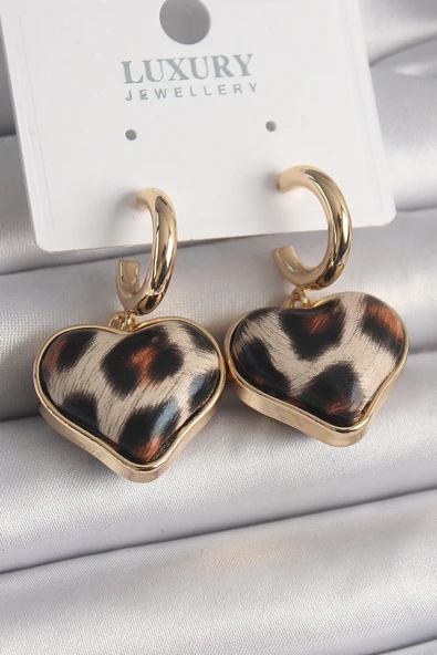 Pirinç Gold Renk 3D Kalp Leopar Model Kadın Küpe - TJ-BKP9876