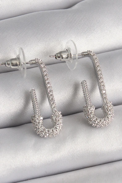 Pirinç Gümüş Renk Zirkon Taşlı Çengelli İğne Model Kadın Küpe - TJ-BKP9938 ürün görseli 1