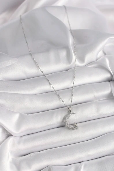 316L Çelik Gümüş Renk Zincir Zirkon Taşlı Hilal Model Yıldız Detay Kadın Kolye - TJ-BKO9655 - Resim 2