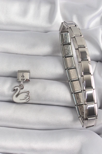 316L Çelik Gümüş Renk Sallantı Beyaz Kuğu Model Nomination Charm - TJ-BC1160 - Resim 2