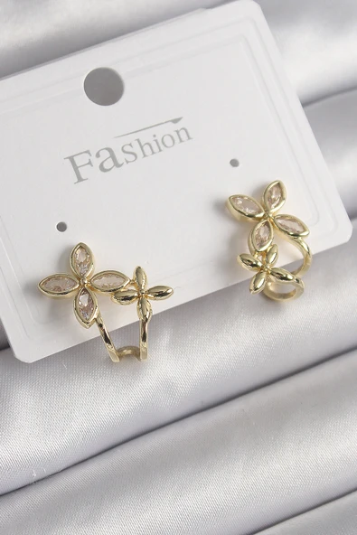 Pirinç Gold Renk Zirkon Taşlı 2'Li Çiçek Model Kadın Küpe - TJ-BKP9961 ürün görseli 1