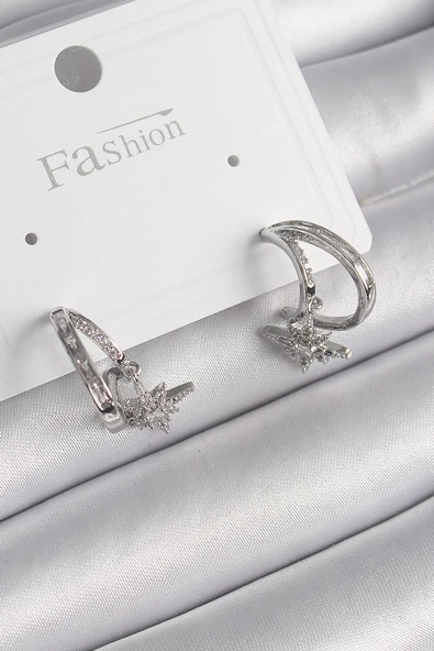 Pirinç Gümüş Renk Zirkon Taşlı Halka Model Sallantı Yıldız Detay Kadın Küpe - TJ-BKP9990 ürün görseli