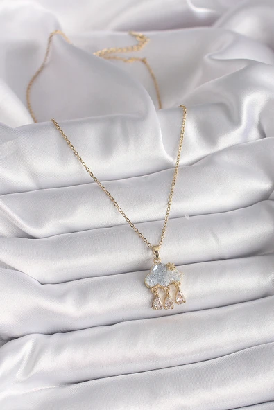 316L Çelik Gold Renk Zincir Zirkon Taşlı Bulut Model Sallantı Damla Figür Kadın Kolye - TJ-BKO9498 - 2
