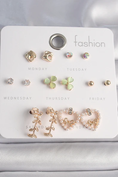 Pirinç Gümüş Renk Sallantı Zirkon Taşlı Ağaç Figür Çoklu Kadın Küpe Seti - TJ-BKP10119 - Resim 2