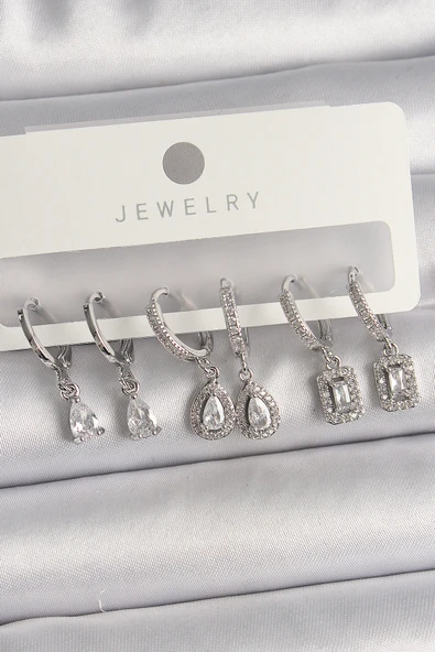 Pirinç Gümüş Renk Sallantı Zirkon Taşlı Damla Model Kadın Küpe Seti - TJ-BKP10121 ürün görseli 1
