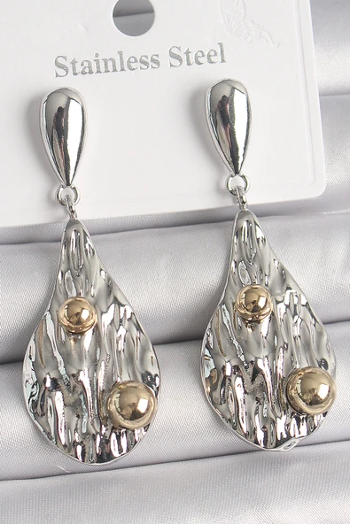 Pirinç Gümüş Renk Sallantı Damla Model Gold Topçuk Detay Kadın Küpe - TJ-BKP10088 ürün görseli