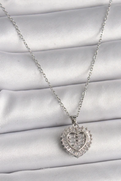 316L Çelik Gümüş Renk Zincir Zirkon Taşlı Kalp Model Kadın Kolye - TJ-BKO9787 ürün görseli