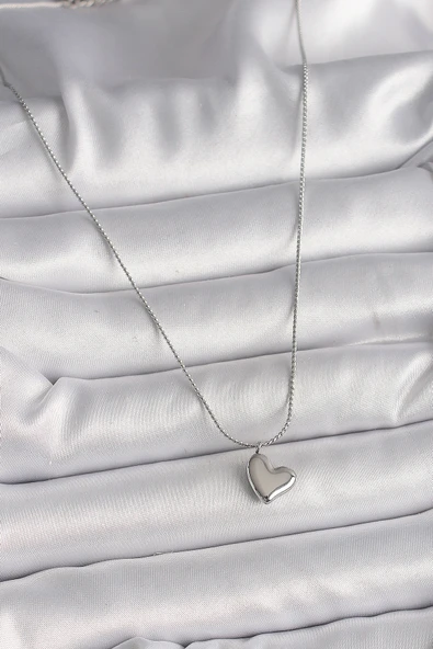 316L Çelik Gümüş Renk Zincir Kalp Figür Kadın Kolye - TJ-BKO9783 - Resim 2