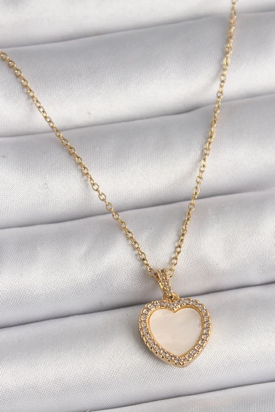 316L Çelik Gold Renk Zincir Zirkon Taşlı Beyaz Mineli Kalp Model Kadın Kolye - TJ-BKO9780 ürün görseli 1