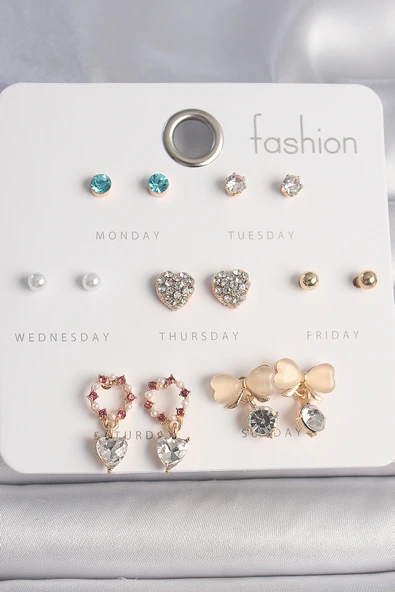 Pirinç Gold Renk Sallantı Zirkon Taşı Damla Model Kadın Küpe Seti - TJ-BKP10120 - Resim 2