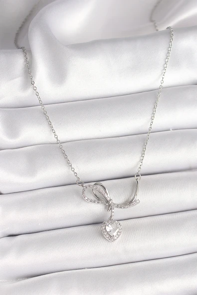 316L Çelik Gümüş Renk Zincir Zirkon Taşlı Düğüm Sallantı Kalp Figür Kadın Kolye - TJ-BKO9856 - Resim 2