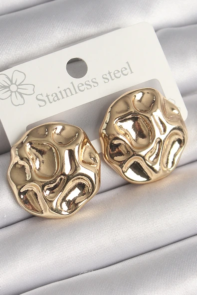 Pirinç Gold Renk İşlemeli Daire Plaka Model Kadın Küpe - TJ-BKP10243