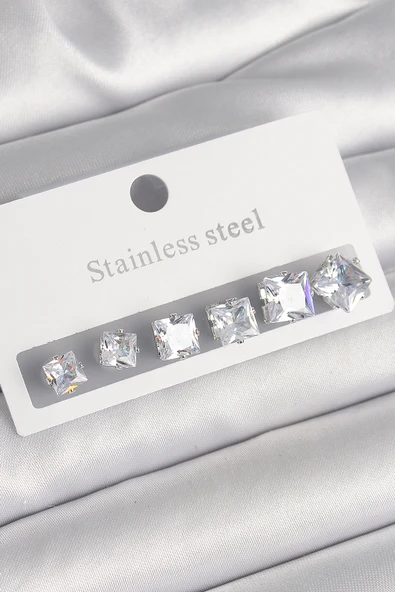 316L Çelik Gümüş Renk Kare Zirkon Taşlı Kadın Küpe Seti - TJ-BKP10303 ürün görseli 1