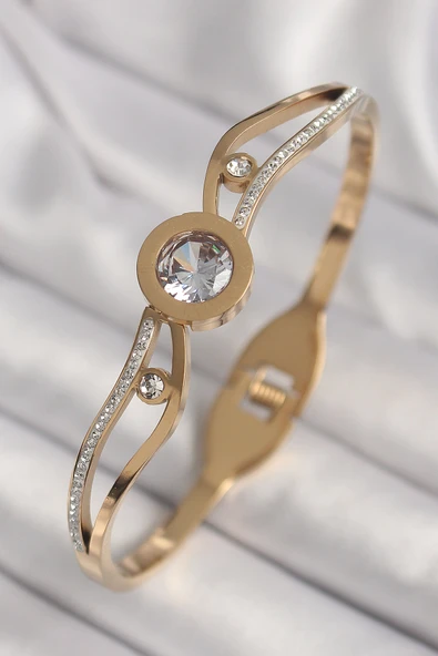 316L Çelik Gold Renk Dalgalı Zirkon Taşlı Kadın Kelepçe - TJ-BB6780