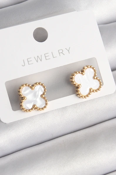 316L Çelik Gold Renk Beyaz Minelik Yonca Model Kadın Küpe - TJ-BKP10197 ürün görseli