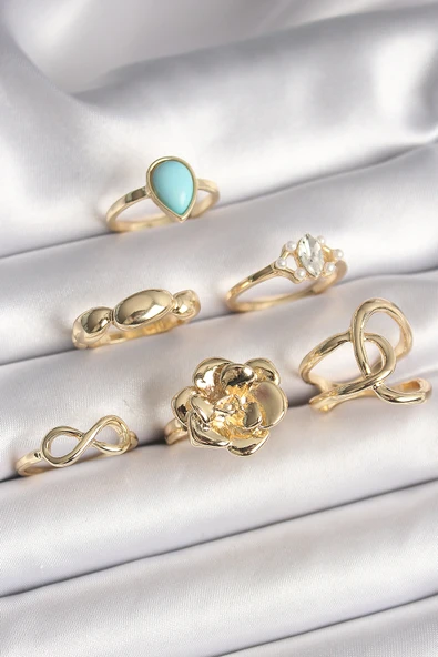 Pirinç Gold Renk Çiçek Model Model Sonsuzluk Zirkon Taş Detaylı 6'Lı Kadın Yüzük Seti - TJ-BYK3612 ürün görseli
