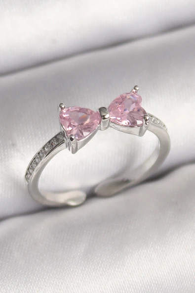 Pirinç Gümüş Renk Pembe Zirkon Taşlı Kalp Fiyonk Model Kadın Yüzük - TJ-BYK3643 ürün görseli