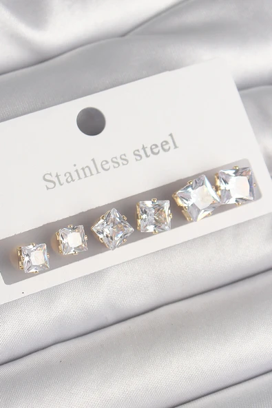 316L Çelik Gold Renk Kare Zirkon Taş Model Kadın Küpe Seti - TJ-BKP10304 ürün görseli