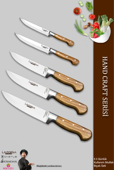 LAZBİSA Hand Craft Mutfak Bıçak Seti Et Ekmek Sebze Bıçağı 5 Li Set Günlük Kullanım ( Mtf-037 )