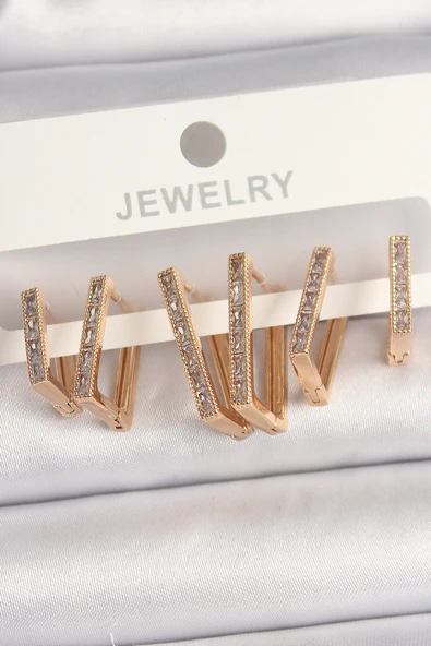Pirinç Gold Renk Zirkon Taşlı Kare Model Kadın Küpe Seti - TJ-BKP10104