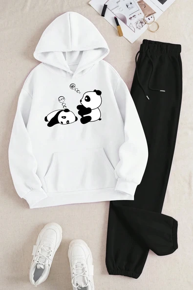 Unisex Uykucu Panda Baskılı Rahat Eşofman Takımı - Resim 3