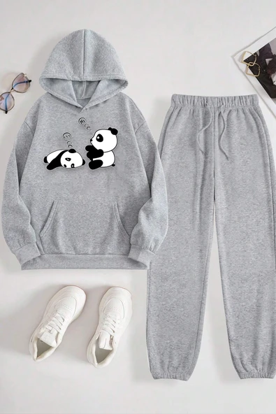 Unisex Uykucu Panda Baskılı Rahat Eşofman Takımı - Resim 7