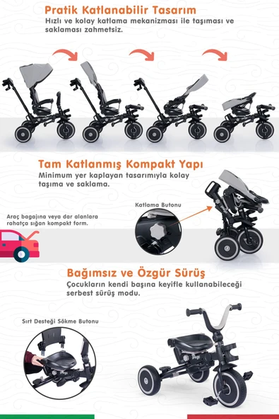 PREGO Happy Dino Plus 360 Dönebilen Koltuklu Tamamen Katlanabilir Çocuk Bisikleti GRİ - 2