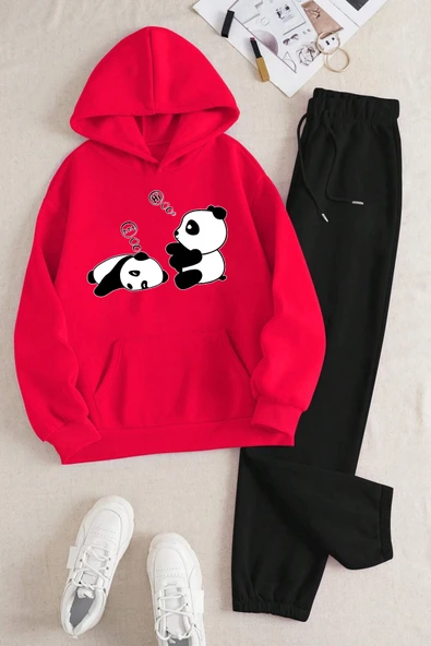 Unisex Uykucu Panda Baskılı Rahat Eşofman Takımı - Resim 5