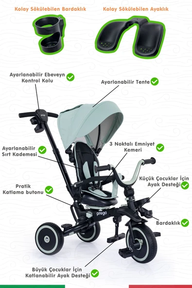 PREGO Happy Dino Plus 360° Dönebilen Koltuklu Tamamen Katlanabilir Çocuk Bisikleti YEŞİL - 7