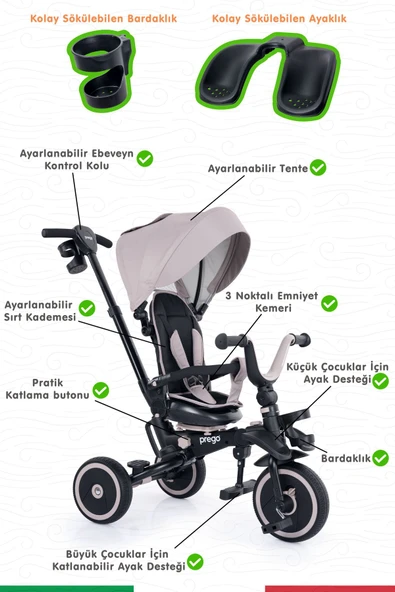 PREGO Happy Dino Plus 360° Dönebilen Koltuklu Tamamen Katlanabilir Çocuk Bisikleti BEJ - 7