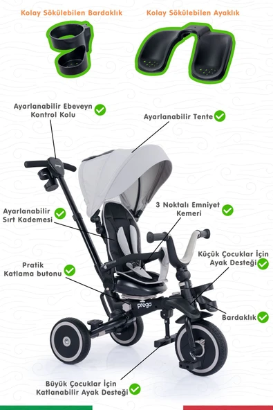PREGO Happy Dino Plus 360 Dönebilen Koltuklu Tamamen Katlanabilir Çocuk Bisikleti GRİ - 7