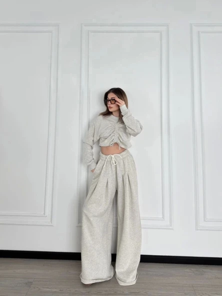 Uzun Kollu Önü İp Büzgülü  Crop Ve Pantolon İkili Takım - Gri - Resim 2