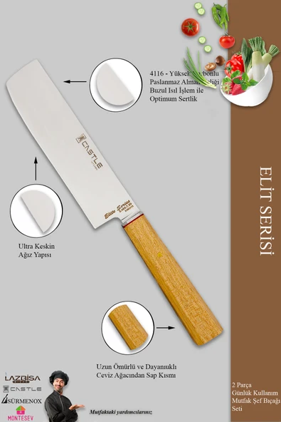 Elit Serisi Mutfak Bıçak Seti Et Ekmek Sebze Salata Pizza Börek Şef Bıçak Seti 2 Li Set (MFT-6830) - 3
