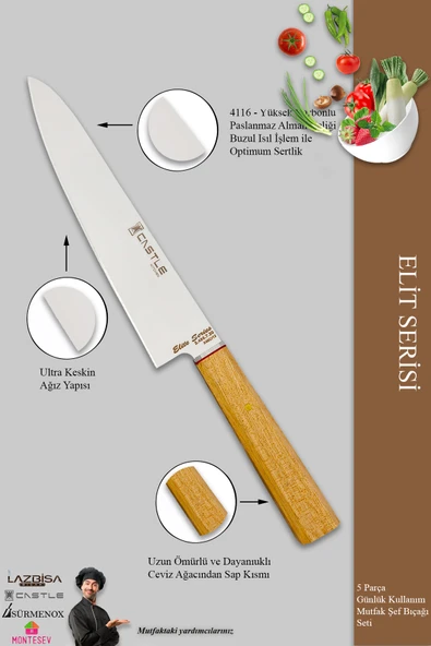 Elit Serisi Mutfak Bıçak Seti Et Ekmek Sebze Salata Pizza Doğrama Şef Bıçağı 5 Li Set ( Mft-4572 ) - 3