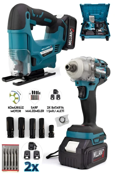 Millian 2 Akülü Şarjlı 450 Nm Tork Bijon Somun Sıkma Sökme + Dekupaj Testere Makinesi Kömürsüz Motor