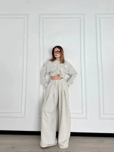 Uzun Kollu Önü İp Büzgülü  Crop Ve Pantolon İkili Takım - Gri ürün görseli