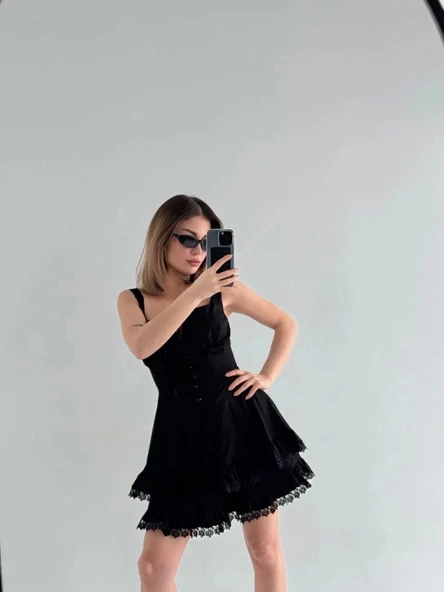 Mini Askılı Elbise - Siyah