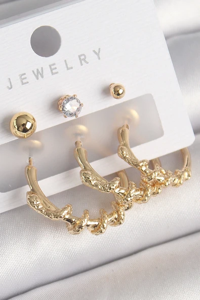 MuI MuI Pirinç Gold Renk Sarmal Yılan Halka Model Zirkon Taşlı Topçuk Detay Kadın Küpe Seti