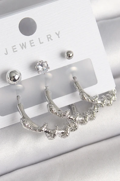 MuI MuI Pirinç Gümüş Renk Sarmal Yılan Halka Model Zirkon Taşlı Topçuk Detay Kadın Küpe Seti ürün görseli 1