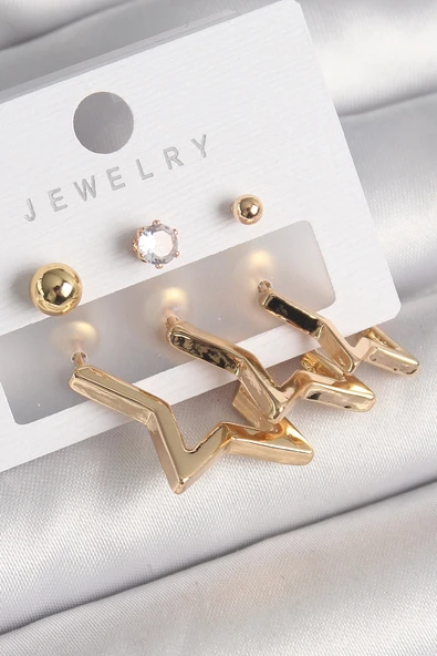 MuI MuI Pirinç Gold Renk Yıldız Model Zirkon Taşlı Topçuk Detay Kadın Küpe Seti