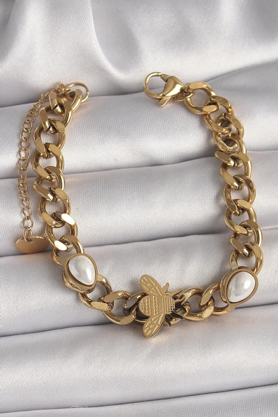 MuI MuI 316L Çelik Gold Renk Kalın Zincir Model Arı Figür Damla İnci Detay Kadın Bileklik ürün görseli 1