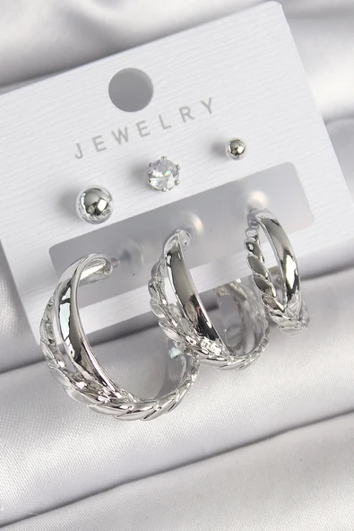 MuI MuI Pirinç Gümüş Renk 3'Lü Halka Model Zirkon Taş Topçuk Detay Kadın Küpe Seti ürün görseli 1