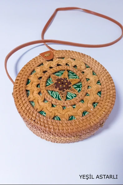 Selina- Rattan El Yapımı Deri Askı Detaylı Hasır Yuvarlak Omuz Çantası