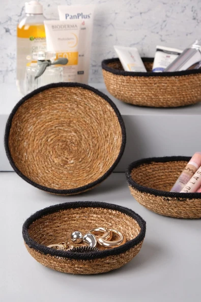 Rafael - 4 lü Dekoratif Doğal El Örmesi Hasır Yuvarlak Sepet Seti, Havluluk, Banyo Organizer